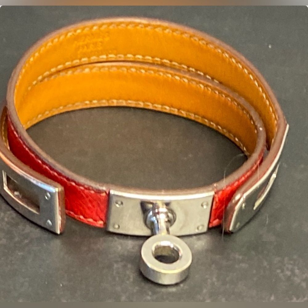 🛍️Hermes Authentic Red Leather Kelly Double Tour Bracelet with Silver Hardware - Picture 9 of 15
